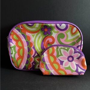 Floral Patterned Cosmetic Bag Set with Purple Trim
